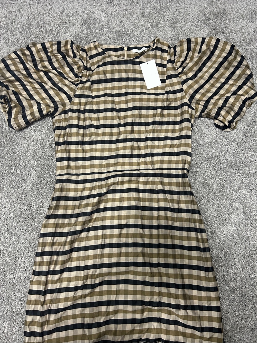 H&M Checked Puff-Sleeve Midi Dress in Beige and Black